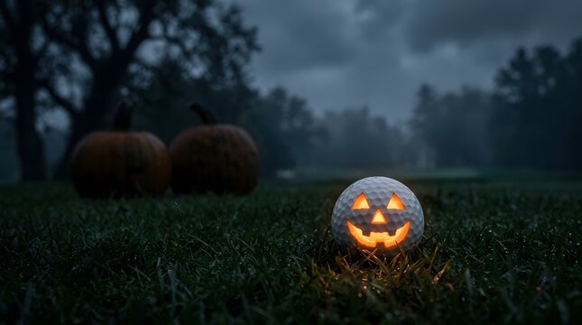 Small glowing jackolantern golf ball on a dark grassy field at night