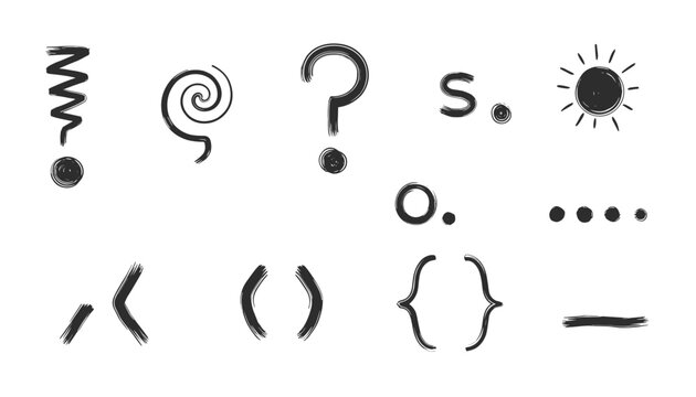Black hand-drawn punctuation marks and symbols with a textured charcoal ink effect on a white background.