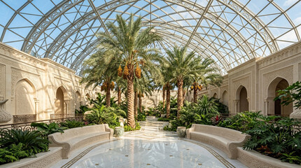 Obraz premium Luxurious indoor tropical garden atrium with palm trees and ornate architecture