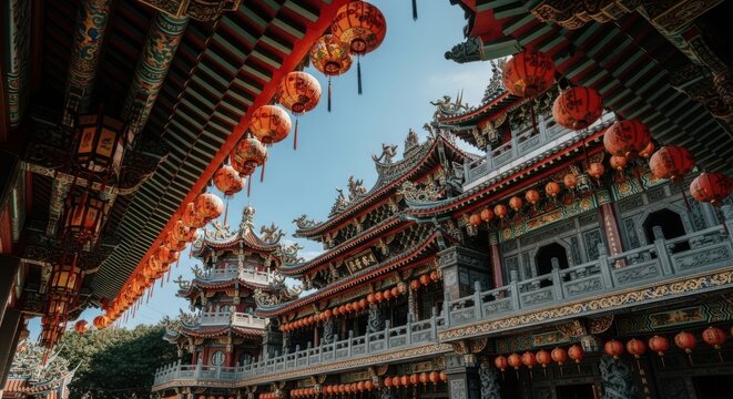 Traditional chinese temple decorated with many bright red lanterns under a clear blue sky