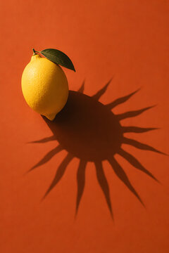 Surreal yellow lemon casting the unexpected shadow of a giant spider on a vivid orange background. Conceptual visual metaphor for hidden danger, fear, anxiety, deception and misleading appearances.