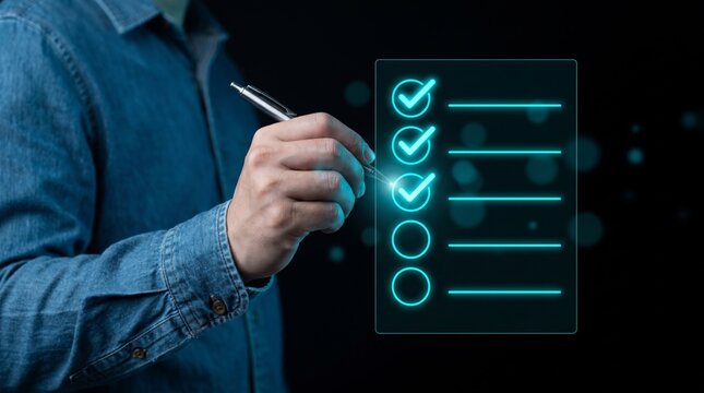 Businessman checking items on a digital checklist with a pen