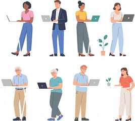Obraz premium People working on laptops vector collection, flat design remote workers and business team illustration