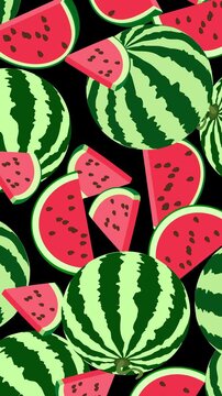 Animated seamless looping watermelon pattern on black. Detailed summer fruit design repeating background for motion graphics, social media, overlay. Vertical 4K moving from bottom left to top right