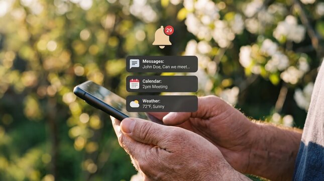 Smartphone notification concept with hands holding mobile phone displaying messages, calendar, and weather updates outdoors