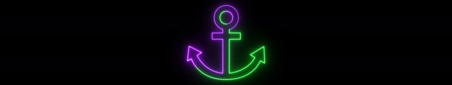 Ultrawide Neon Anchor Icon Animation on Black Background, Futuristic Glowing Maritime Symbol, Nautical Marine Overlay, Seamless Loop 4K Widescreen Motion Graphics.