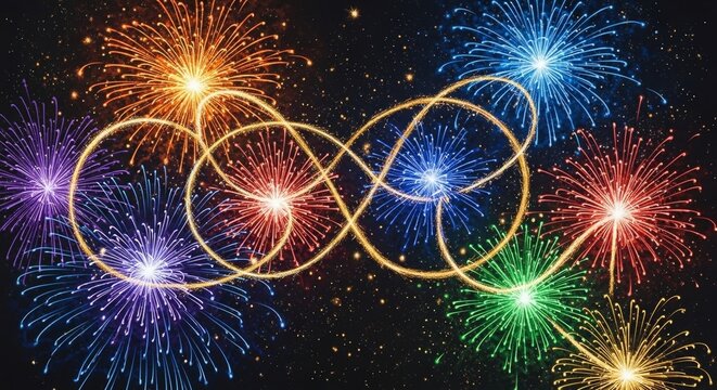 Infinity symbol fireworks celebration with vibrant neon colors. Abstract glowing loop design for festivals and digital backgrounds.