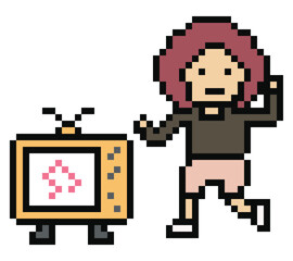 Naklejka premium Cartoon colorful woman girl enjoy music dance exercise TV in 8 bit cute character.