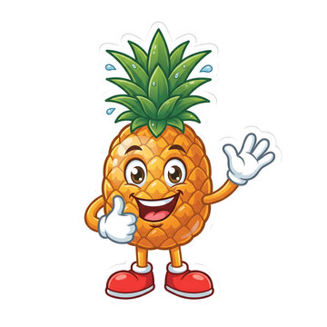 Cute pineapple cartoon character waving. Happy tropical fruit mascot giving a thumbs up.