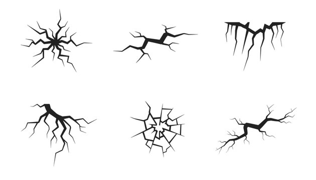 Six cracked surface silhouettes representing broken glass damaged walls and seismic fault lines on white.