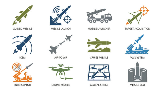 Set of military missile and weapon system vector icons.