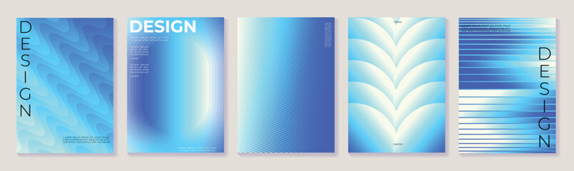 Fototapeta na wymiar Abstract blue poster templates set. Vector cyan gradient backgrounds with flowing liquid pattern, glowing light, layered scallop shapes and horizontal lines for cover, flyer and brochure.
