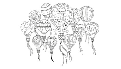 Fototapeta premium Intricate black and white line art illustration of multiple hot air balloons with beautiful patterns for coloring book.