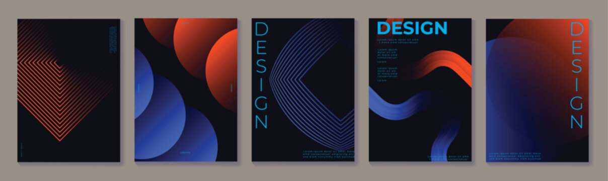 Abstract poster templates set vector. Modern navy backgrounds with orange and blue gradient curves, geometric line patterns and flowing shapes for cover, flyer, brochure and presentation.