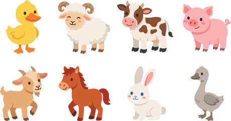 Fototapeta premium Cartoon farm animal vector illustrations featuring duck, sheep, cow, pig, goat, horse, rabbit, goose, and playful educational designs