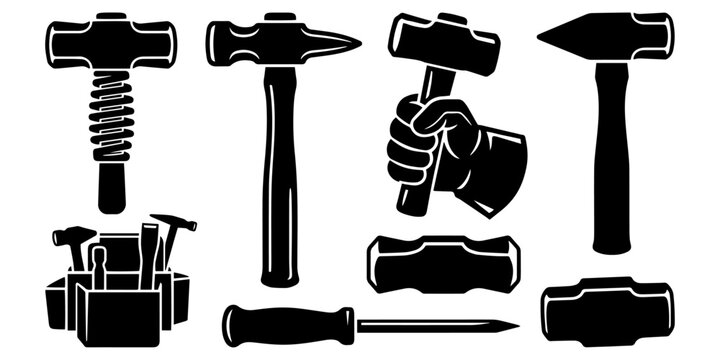 Slag Hammer Welding Vector Silhouette Bundle - Metal Fabrication Chipping Tool Icon Pack - Welder Hand Equipment Template Collection
