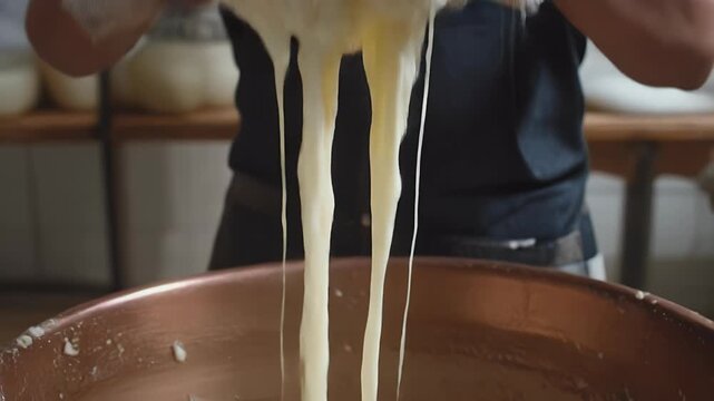 Artisanal cheese maker stretching hot cheese curd over a copper vat in a dairy workshop