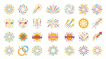 Set of colorful fireworks icons for festive celebrations. © Iffa