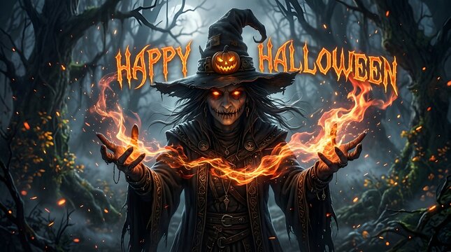 Sinister witch with glowing eyes and pumpkin hat casting fire magic in a dark forest with happy halloween text