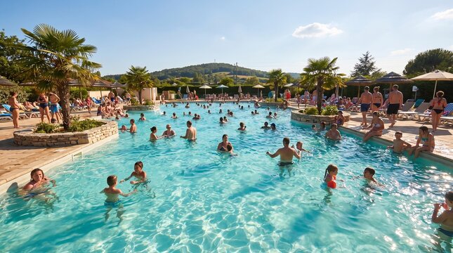 Crowd of Tourists Enjoying a Refreshing Swim in a Luxury Hotel Swimming Pool during Summer Vacation