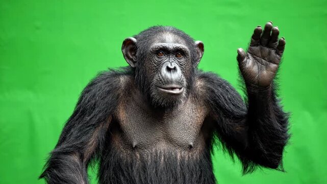 Animated photorealistic chimpanzee waving its hand toward the camera on a solid green screen background for easy compositing