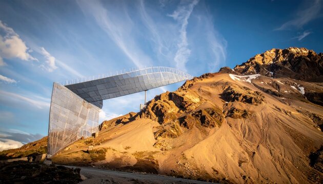 Surreal Architecture - Mirrored Cube Reflecting Mountain Landscape Under a Blue Sky.