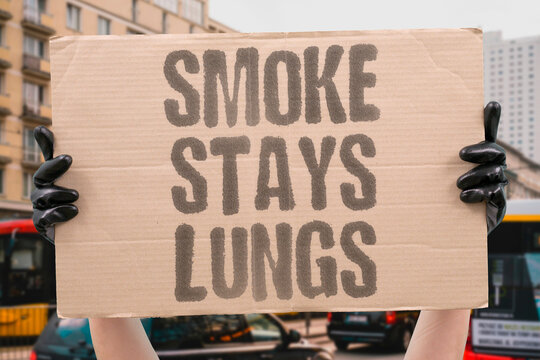 "Smoke Stays Lungs" Inhaled particles linger and damage tissue. BREATH. SMOKE. STAYS. LUNGS. DAMAGE.