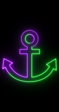 Vertical Neon Anchor Icon Animation, Glowing Nautical Marine Symbol on Black Background, Maritime UI Element, Seamless Loop 4K Motion Graphics.