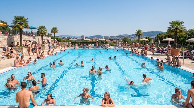 A lively outdoor swimming pool scene with numerous people of all ages enjoying the sunny day and refreshing water on vacation