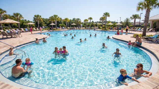 Group of diverse people and children enjoying a sunny day swimming in a large resort outdoor pool surrounded by palm trees