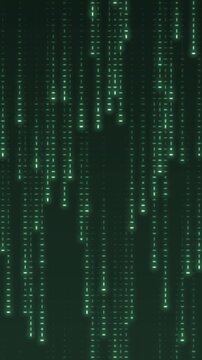 Falling digital code rain glowing streaks seamless loop in rich green tones vertical 9:16