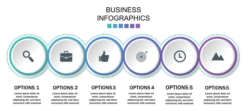 Timeline infographic with infochart. Modern presentation template with 6 spets for business process. Website template on white background for concept modern design. Horizontal layout.