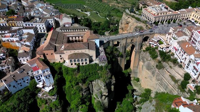 Ronda aerial view - the famous Puente Nuevo Bridge over the El Tajo gorge, a historic town on the edge of a rocky gorge