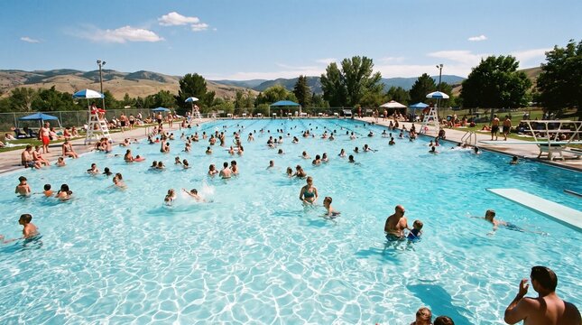 Many Swimmers and Families Enjoying a Lively and Refreshing Day at a Large Outdoor Public Swimming Pool Under Bright Summer Skies with Distant Mountains