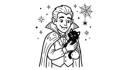 Fototapeta premium Young vampire boy holding adorable fluffy black kitten in his arms with spider web and stars background simple outline coloring page for toddlers
