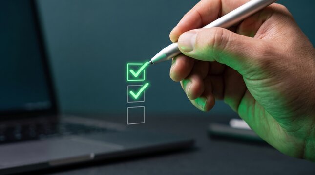 Hand using a stylus to check a digital green checklist on a transparent screen with a blurred laptop in the background, representing task completion, approval, and business planning