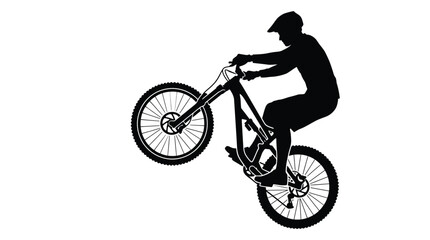 Obraz premium Minimalist black vector illustration showing a mountain biker performing a high wheelie on white background