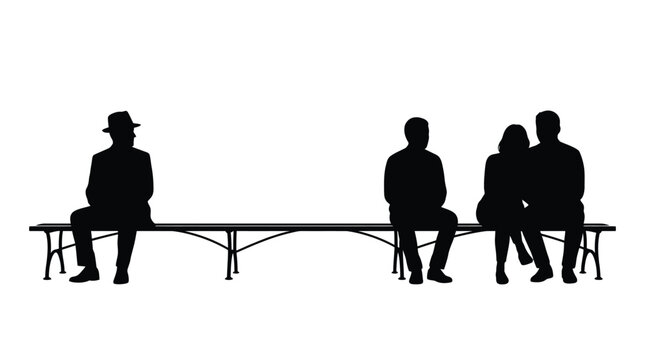 Black vector illustration of people sitting on a long bench against a clean white background