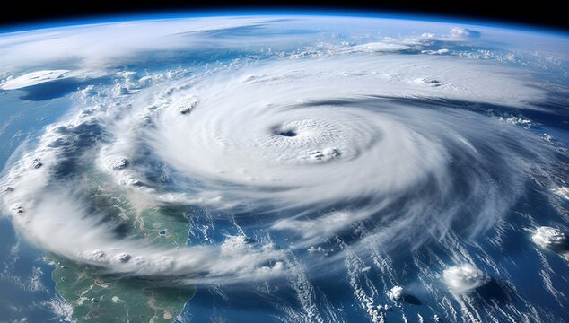 Satellite imagery of a hurricane over ocean and coastline, showing spiral cloud eye, powerful wind, and severe weather impact from space.