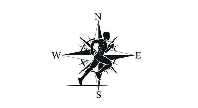 Silhouette of a man running with a compass background logo.