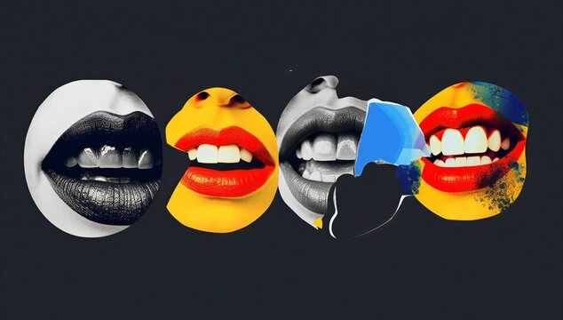 Colorful abstract lips and faces symbolize feminist voice, civil right, gender equality, diversity, and empowerment.
