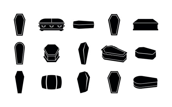 Set of black coffin and casket icons in flat vector style for funeral