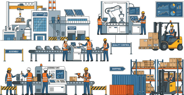 Industrial factory production line vector set with engineers manufacturing machinery forklift and warehouse logistics elements for smart industry marketing infographics