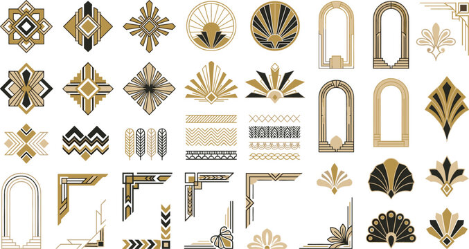 Luxury art deco design elements vector collection featuring elegant geometric frames borders corners and fans for premium wedding invitation and gatsby branding templates