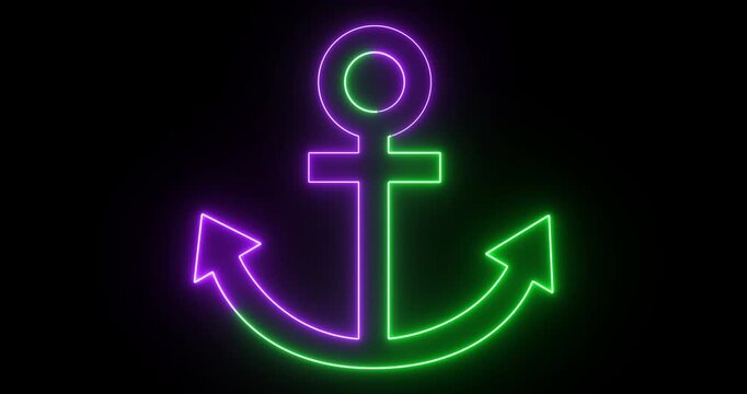 Neon Anchor Icon Animation on Black Background, Glowing Maritime Anchor Symbol, Nautical Marine UI Icon, Seamless Loop 4K Motion Graphics.
