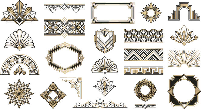 Luxury art deco ornament vector collection featuring elegant geometric frames borders and fans for premium gatsby style wedding invitation and label templates