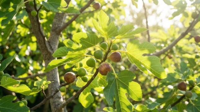 Ripe figs and lush green leaves on a fig tree branch in bright sunlight with bokeh background