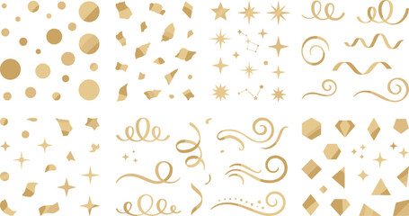 Luxury gold confetti streamer and star particle collection with elegant metallic festive ribbons and geometric shapes for anniversary greeting card design © AntarChandra