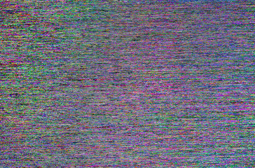 Obraz premium Macro close-up of a digital LED screen with fine colorful pixel noise and horizontal static. Abstract electronic error glitch background for technology concepts