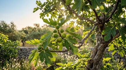 Fototapeta premium Ripe figs and lush green leaves on a fig tree branch in bright sunlight with bokeh background
